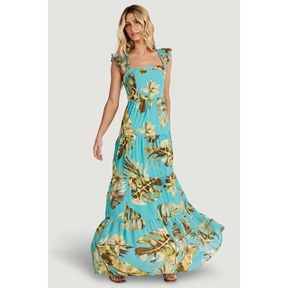 Baltic Born Encinitas Maxi Dress Large Caribbean Blue Print Tropical Ruffle NWT